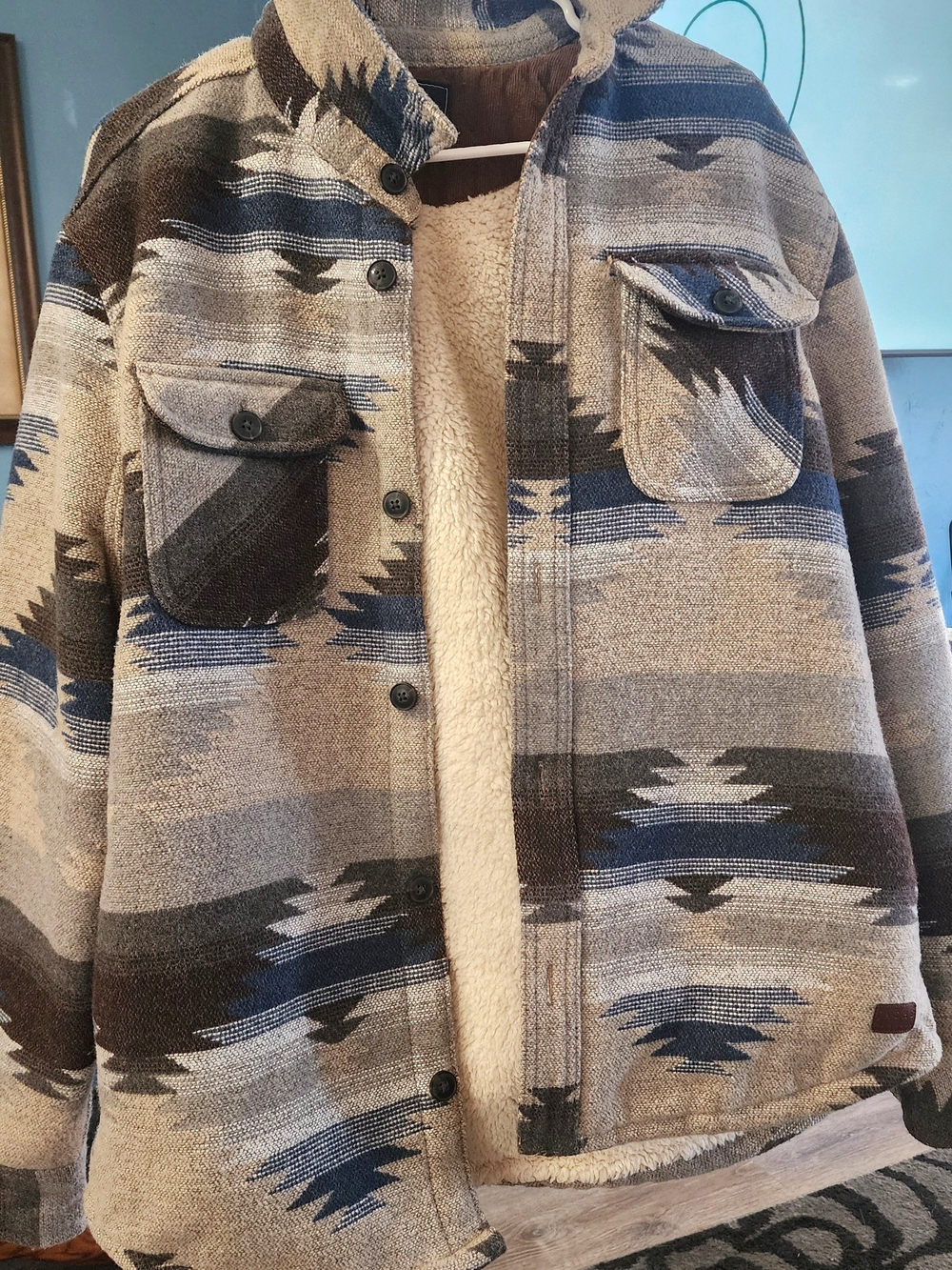 Jachs Beige & Navy Patterned Sherpa-Lined Shacket Sz Med